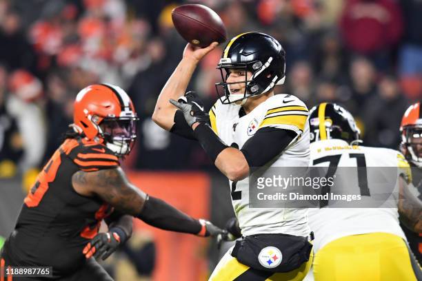 Quarterback Mason Rudolph of the Pittsburgh Steelers throws a pass in the fourth quarter of a game against the Cleveland Browns on November 14, 2019...