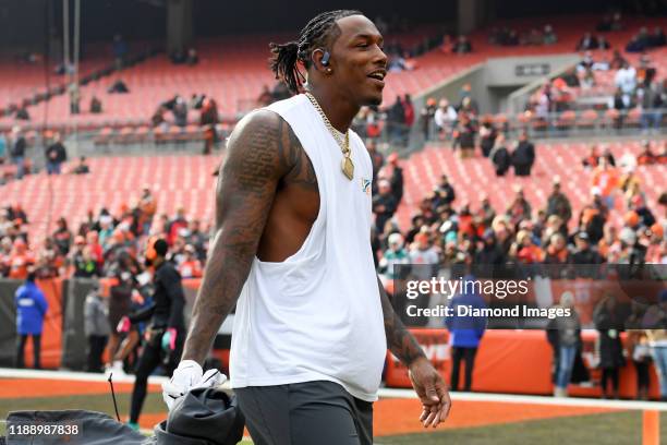 Defensive end Taco Charlton of the Miami Dolphins on the field prior to a game against the Cleveland Browns on November 24, 2019 at FirstEnergy...