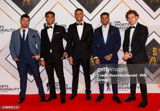 Former Love Island contestants Anton Danyluk, Jordan Hames, Danny Williams, Michael Griffiths, and Joe Garatt on the red carpet at the BBC Sports...