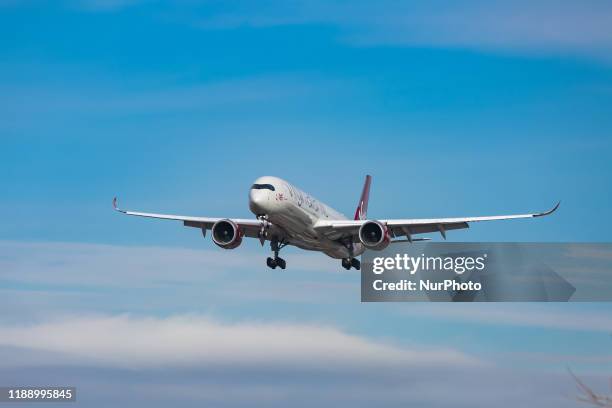 Virgin Atlantic Airways Airbus A350-1000 aircraft as seen on final approach arriving and landing at JFK John F. Kennedy International Airport in NYC,...