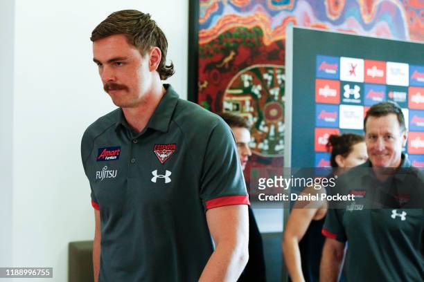Joe Daniher leaves after speaking to media during an Essendon Bombers AFL media opportunity at The Hangar on November 21, 2019 in Melbourne,...