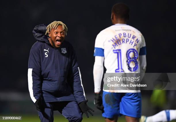 Morgan Ferrier and Rushian Hepburn-Murphy of Tranmere Rovers celebrate victory during the FA Cup First Round Replay between Wycombe Wanderers and...