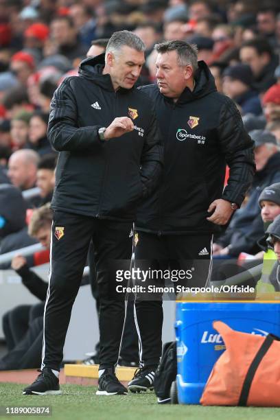 Watford manager Nigel Pearson speaks to assistant Craig Shakespeare during the Premier League match between Liverpool FC and Watford FC at Anfield on...