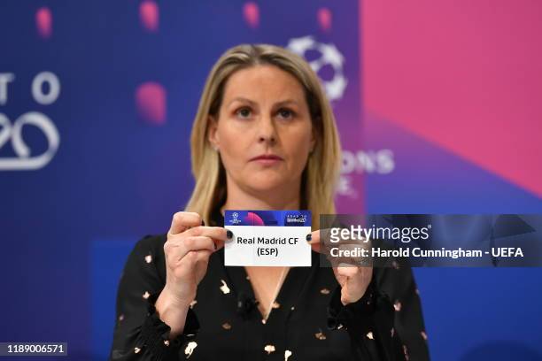 Former footballer Kelly Smith draws Real Madrid during the Champions League 2019/20 Round of 16 Draw at the UEFA headquarters, The House of European...