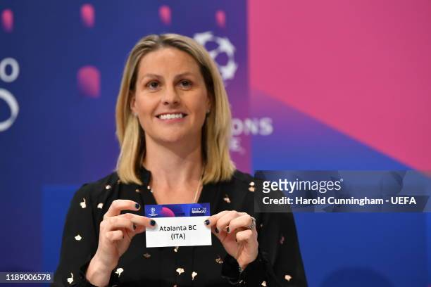 Former footballer Kelly Smith draws Atalanta during the Champions League 2019/20 Round of 16 Draw at the UEFA headquarters, The House of European...