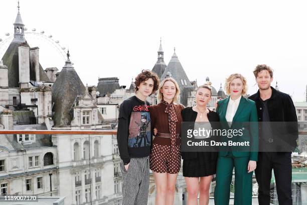 Timothee Chalamet, Saoirse Ronan, Florence Pugh, Greta Gerwig and James Norton pose at a morning photocall for "Little Women" at the Corinthia Hotel...