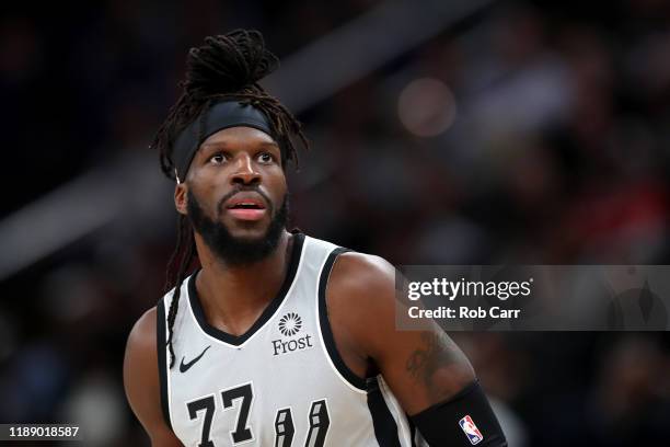 DeMarre Carroll of the San Antonio Spurs looks on against the Washington Wizards in the first half at Capital One Arena on November 20, 2019 in...