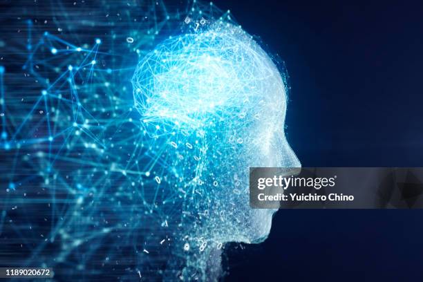 network data forming ai robot face and brain - forgery stockfoto's en -beelden