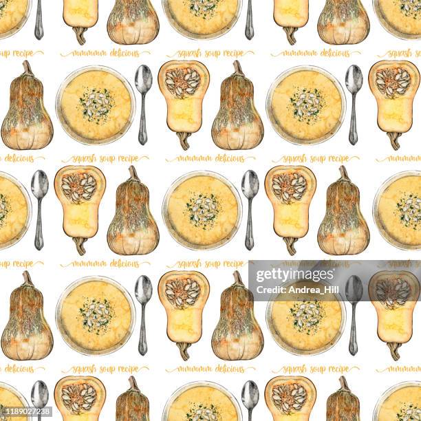 butternut squash soup seamless pattern background. vector ink and watercolor drawing. - squash soup stock illustrations