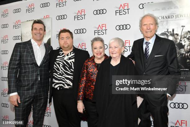 Jon Hamm, Paul Walter Hauser, Kathy Bates, Barbara "Bobi" Jewell, and Clint Eastwood attends the "Richard Jewell" premiere during AFI FEST 2019...