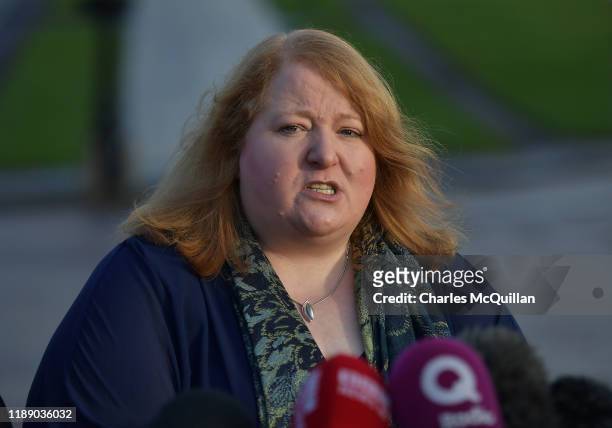 Alliance party leader Naomi Long addresses the media at Carsons statue as cross party talks to restore the Northern Ireland power sharing government...