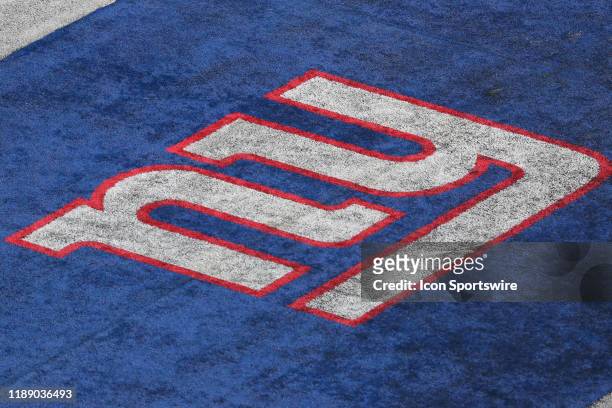 General view of the New York Giants end zone logo during the National Football League game between the New York Giants and the Miami Dolphins on...