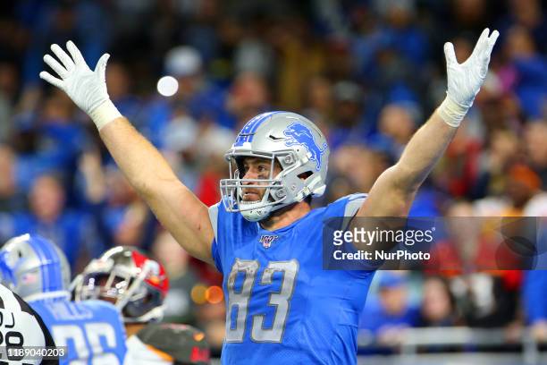 Detroit Lions tight end Jesse James celebrates after Detroit Lions running back Wes Hills runs the ball into the endzone during the second half of an...
