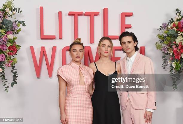 Florence Pugh, Saoirse Ronan and Timothee Chalamet pose at the evening photocall for "Little Women" at The Soho Hotel London on December 16, 2019 in...