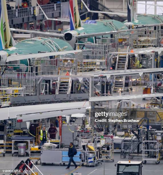 Production line inside the Boeing factory is pictured on December 16, 2019 in Renton, Washington. The company announced it is suspending production...