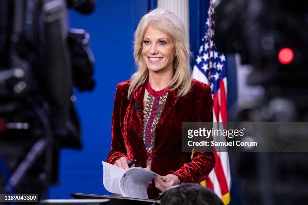 Kellyanne Conway, Counselor to the President of the United States and White House Advisor, speaks during an on-camera interview at the White House on...