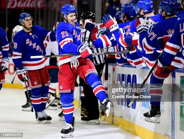 Brett Howden of the New York Rangers celebrates his goal in the third period of their game against the Washington Capitals at Madison Square Garden...