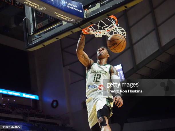 Rayjon Tucker of the Wisconsin Herd dunks the ball against the Fort Wayne Mad Ants on December 16, 2019 at Memorial Coliseum in Fort Wayne, Indiana....