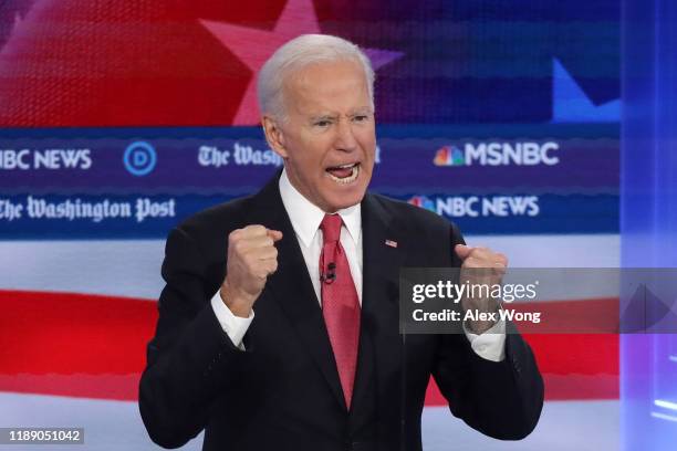 Former Vice President Joe Biden speaks during the Democratic Presidential Debate at Tyler Perry Studios November 20, 2019 in Atlanta, Georgia. Ten...