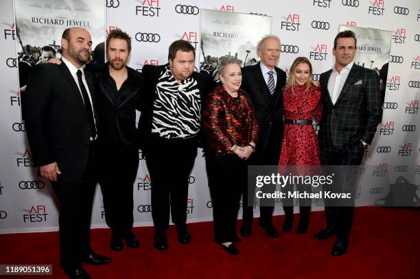 Ian Gomez, Sam Rockwell, Paul Walter Hauser, Kathy Bates, Clint Eastwood, Blair Rich and Jon Hamm attend the "Richard Jewell" premiere during AFI...
