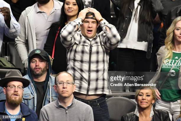 Adam DeVine attends a basketball game between the Los Angeles Clippers and the Boston Celtics at Staples Center on November 20, 2019 in Los Angeles,...