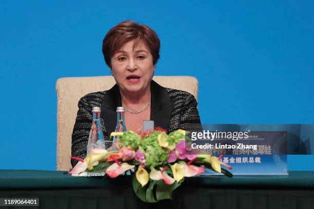 International Monetary Fund Managing Director Kristalina Georgieva speaks during a press conference for the the Fourth 1+6 Roundtable Dialogue at...