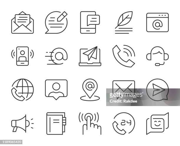 ilustraciones, imágenes clip art, dibujos animados e iconos de stock de contáctenos - iconos de línea de luz - símbolo para el correo electrónico