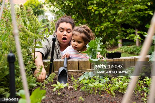 Mother shows her toddler how to plant veggies