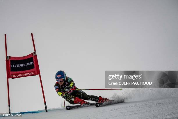 Skier Mikaela Shiffrin competes during the FIS alpine skiing Women World Cup giant slalom of Courchevel on December 17, 2019 in the French Alps.