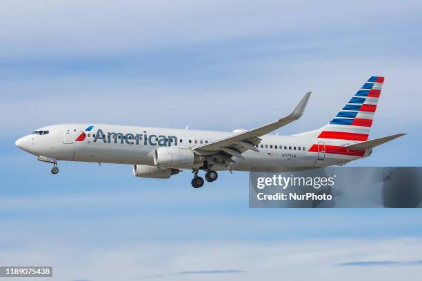 American Airlines Boeing 737-800 aircraft as seen on final approach landing at JFK John F. Kennedy International Airport in New York, USA on 14...