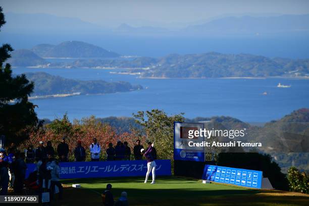 Rei Matsuda of Japan hits her tee shot on the 15th hole during the first round of the Daio Paper Elleair Ladies at Elleair Golf Club Matsuyama on...