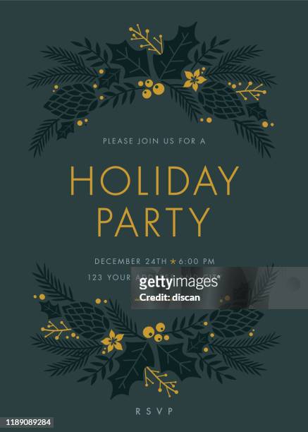 ilustrações de stock, clip art, desenhos animados e ícones de holiday party invitation with wreath. - holiday party