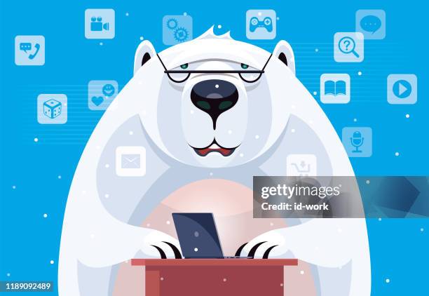 polar bear using laptop - funny polar bear stock illustrations