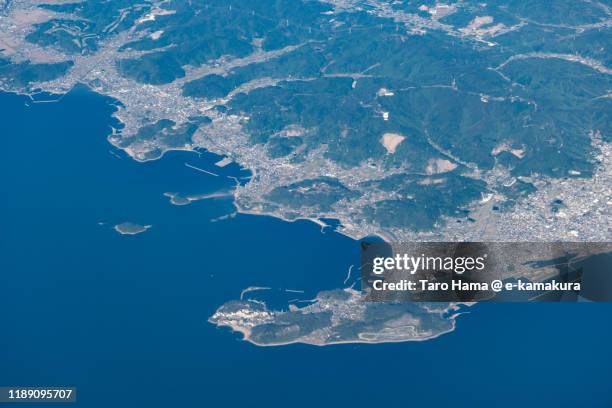 gamagori and nishio cities in aichi prefecture of japan aerial view from airplane - prefectura de aichi fotografías e imágenes de stock