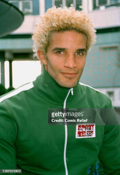 David James wears a sport relief jumper for the launch of sport relief 2002 in London, England.