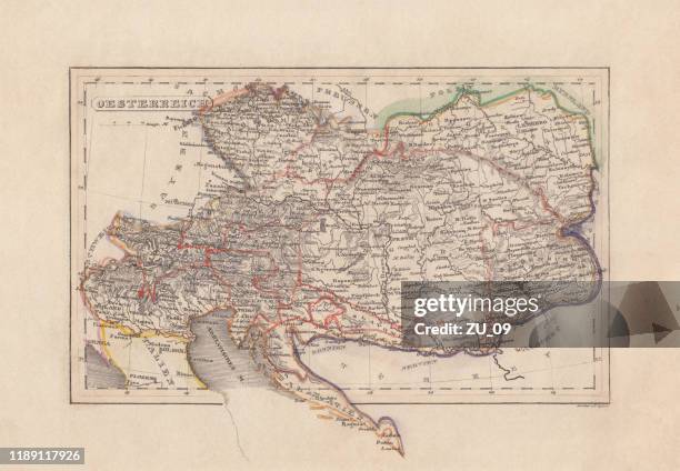 illustrations, cliparts, dessins animés et icônes de vieille carte de l'autriche (monarchie de danube), gravure en acier, éditée 1857 - dynastie des habsbourg