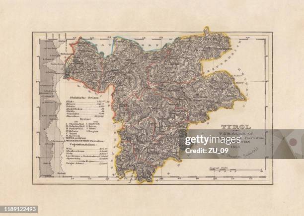 old map of tyrol (austria), steel engraving, published in 1858 - liechtenstein map stock illustrations