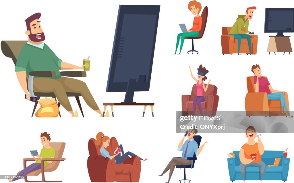 Sedentary Graphics Sedentary Characters Lazy Lifestyle People Sitting Reading Chatting In ...