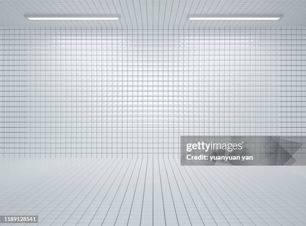 3d rendering illustration exhibition room - white tiles stock-fotos und bilder