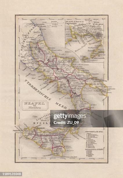 alte karte von süditalien, stahlgravur, veröffentlicht 1857 - naples italy stock-grafiken, -clipart, -cartoons und -symbole