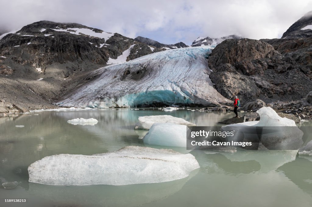 Side view of hiker by glacier and floating ice
