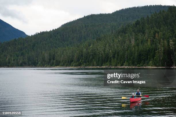 man and child paddling a canoe on a mountain lake - family red canoe stock pictures, royalty-free photos & images