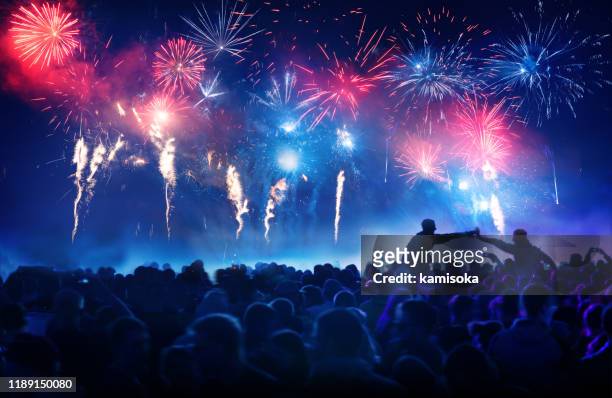 crowd in front of vibrant firework display - firework display imagens e fotografias de stock