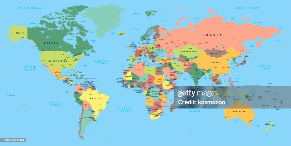 Multicolored World Map with capitals and countries