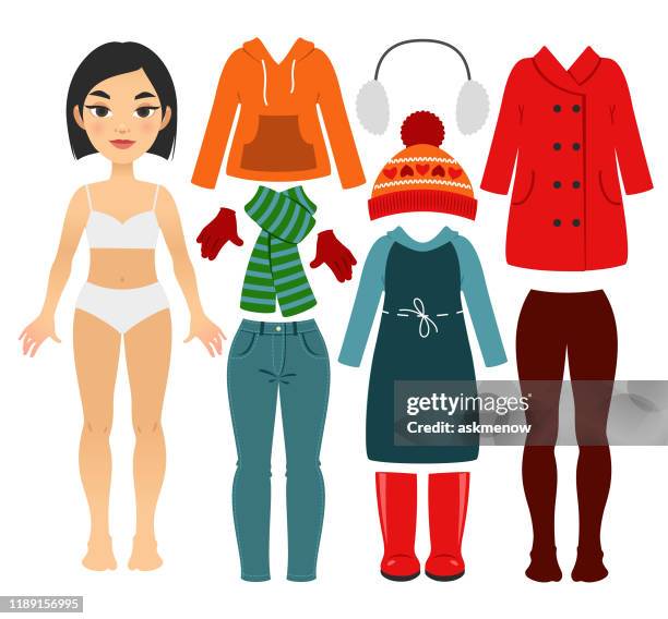 set of girl's warm clothes - orange coat stock illustrations