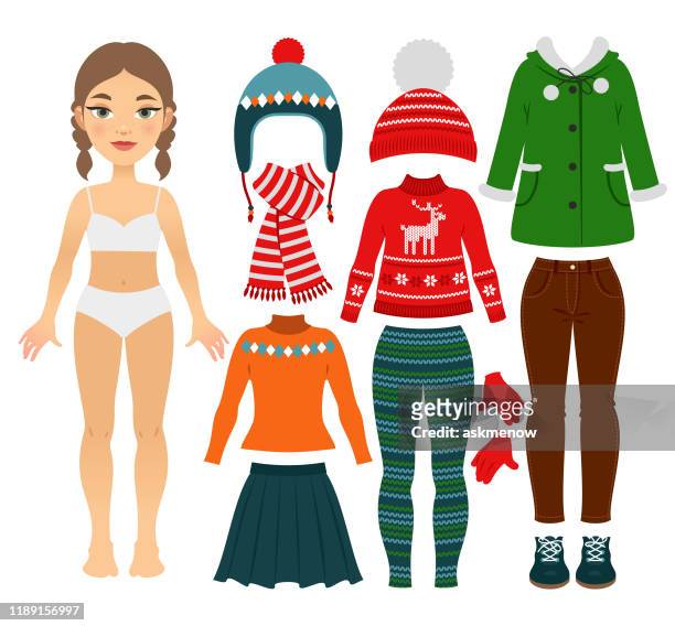set of girl's warm clothes - preteen girl models stock illustrations