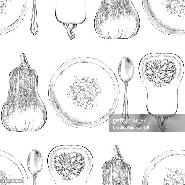 honeynut butternut squash and soup seamless pattern background. vector ink and watercolor drawing. - pumpkin seed stock illustrations