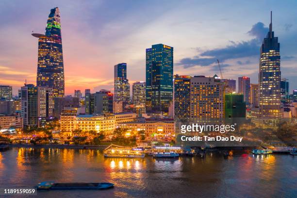 vietnam, ho chi minh city, bach dang wharf aerial view. - saigon river fotografías e imágenes de stock