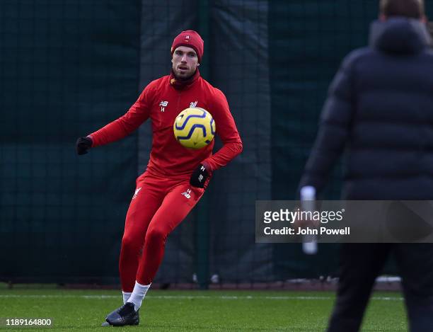 Jordan Henderson of Liverpool during a training session on November 21, 2019 in Liverpool, England.