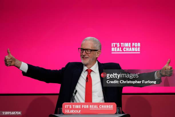 Labour leader Jeremy Corbyn attends the launch of the party's election manifesto at Birmingham City University on November 21, 2019 in Birmingham,...